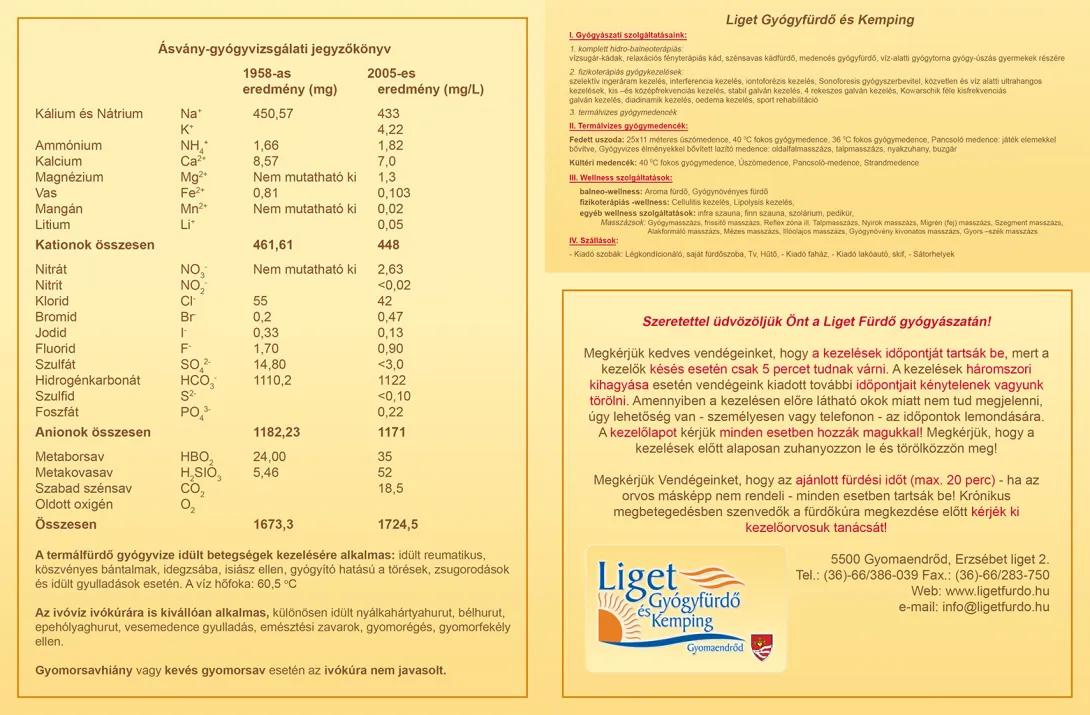Liget Gyógyfürdő és Kemping - gyógyászati kartonlap
