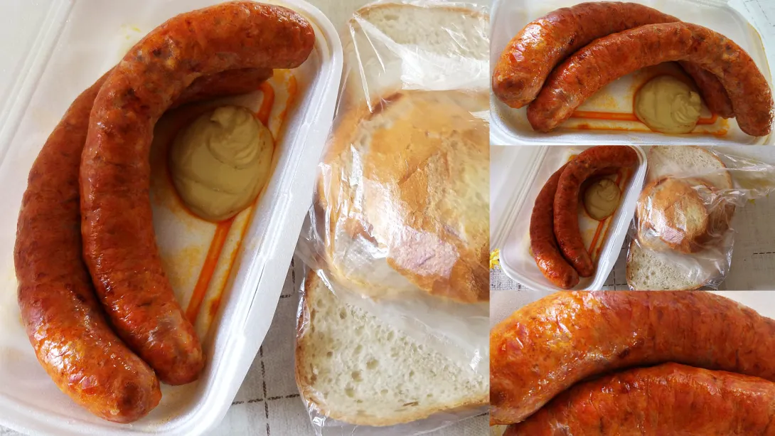 Május elsejei sült kolbász, Sült kolbász, puha kenyér, 2l Szobi Peach - Rostos őszibarack üdítőital