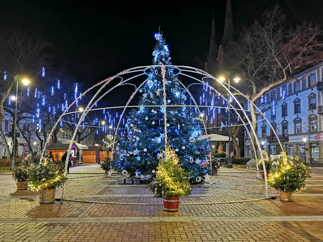 Békéscsaba karácsonyfája (a 6 méter magas fenyőt, 600 dísz ékesít), Békéscsaba, Főtér (Szent István tér)